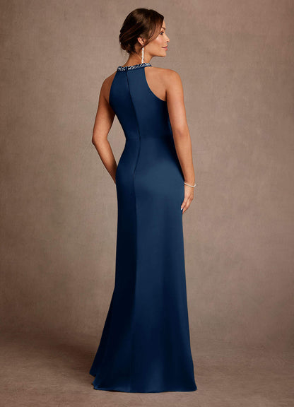 Dark Navy A-Line Pleated Stretch Satin Dress