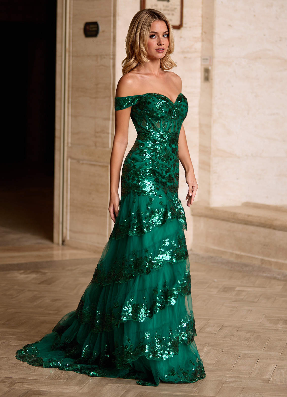 Jenna Green Ruffled Glitter Mermaid Prom Dress