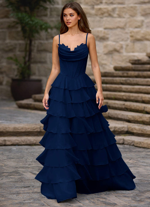 Floralace Navy Ruffled A-Line Prom Dress