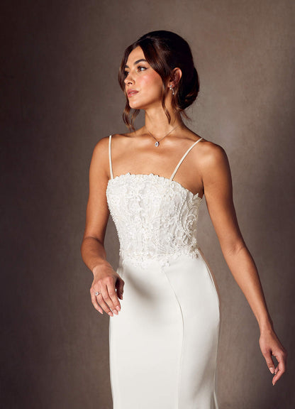 Diamond White Mermaid Lace Crepe Back Satin Dress