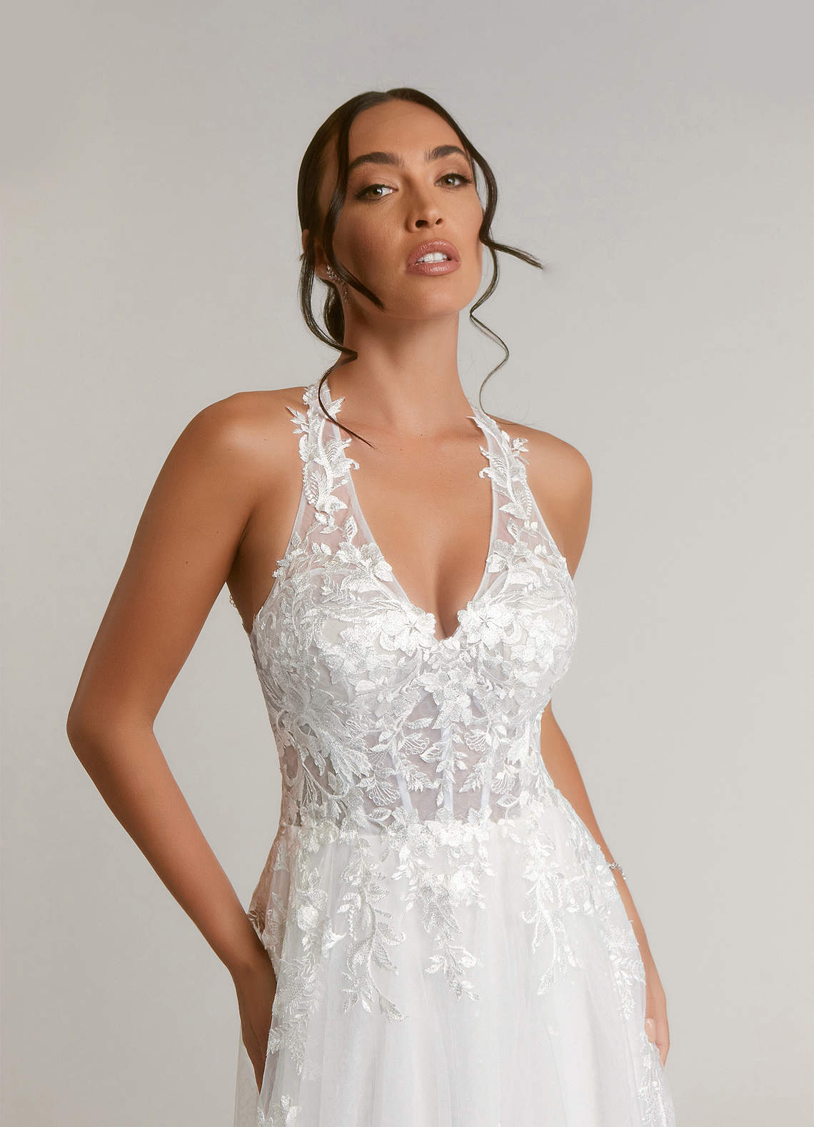 Diamond White A-Line Halter Sequins Tulle Dress