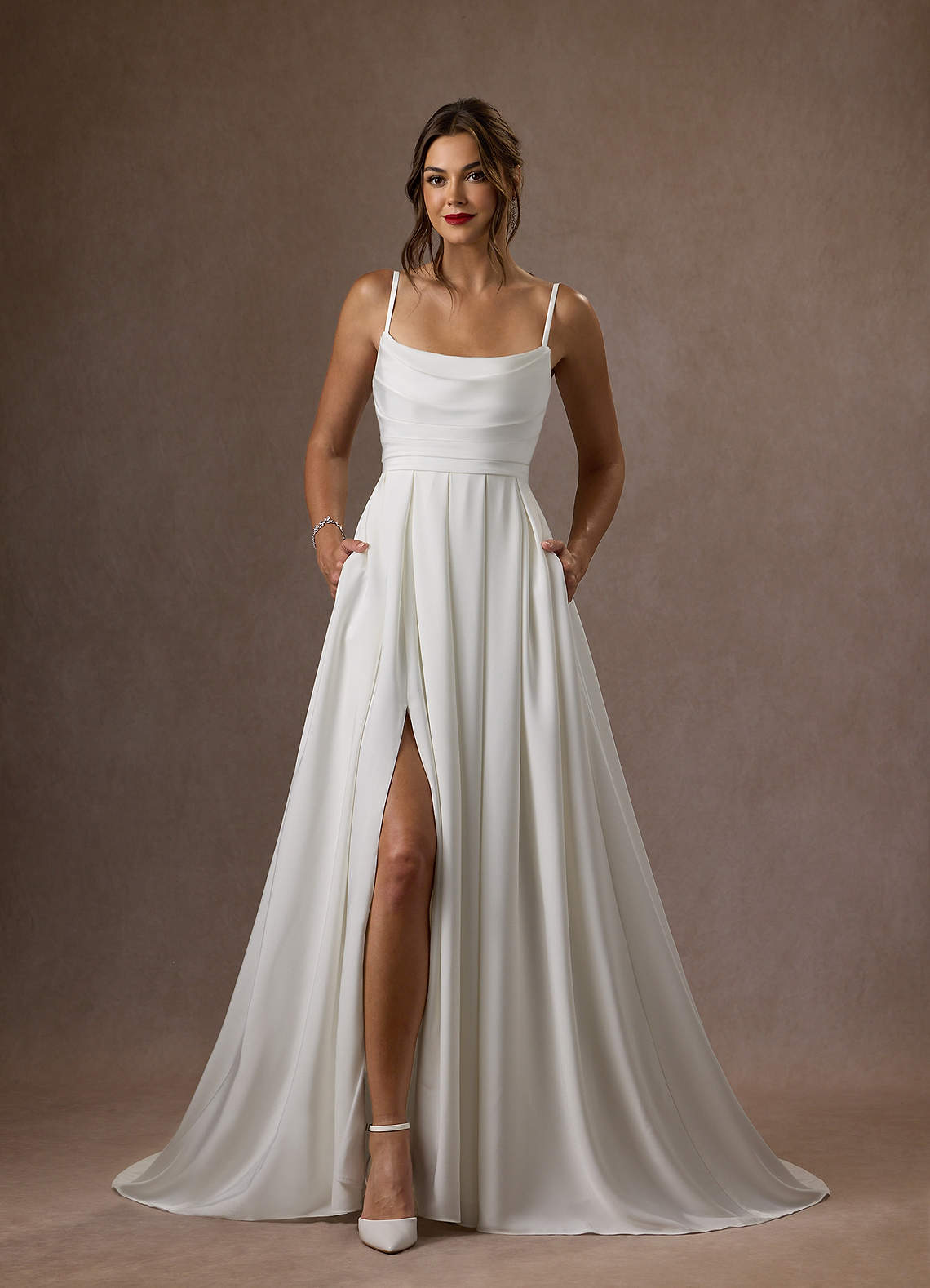 Diamond White A-Line Scoop Pleated Crepe Back Satin Dress