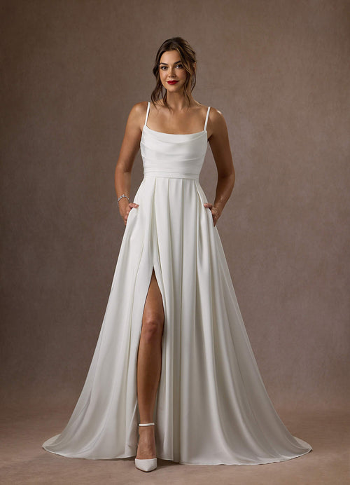 Diamond White A-Line Scoop Pleated Crepe Back Satin Dress