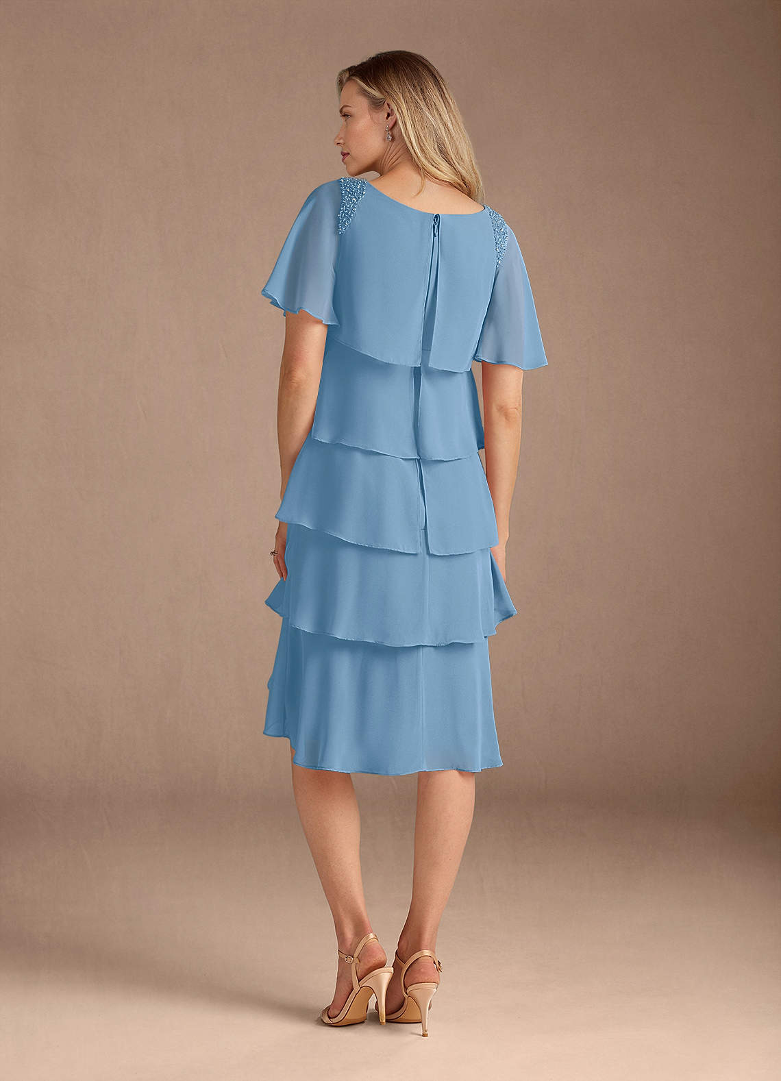 Steel Blue A-Line Scoop Beaded Chiffon Dress