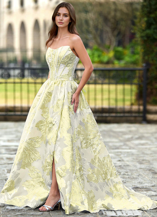 Thalia Champagne Enchanted Garden Lace-Up A-Line Prom Dress