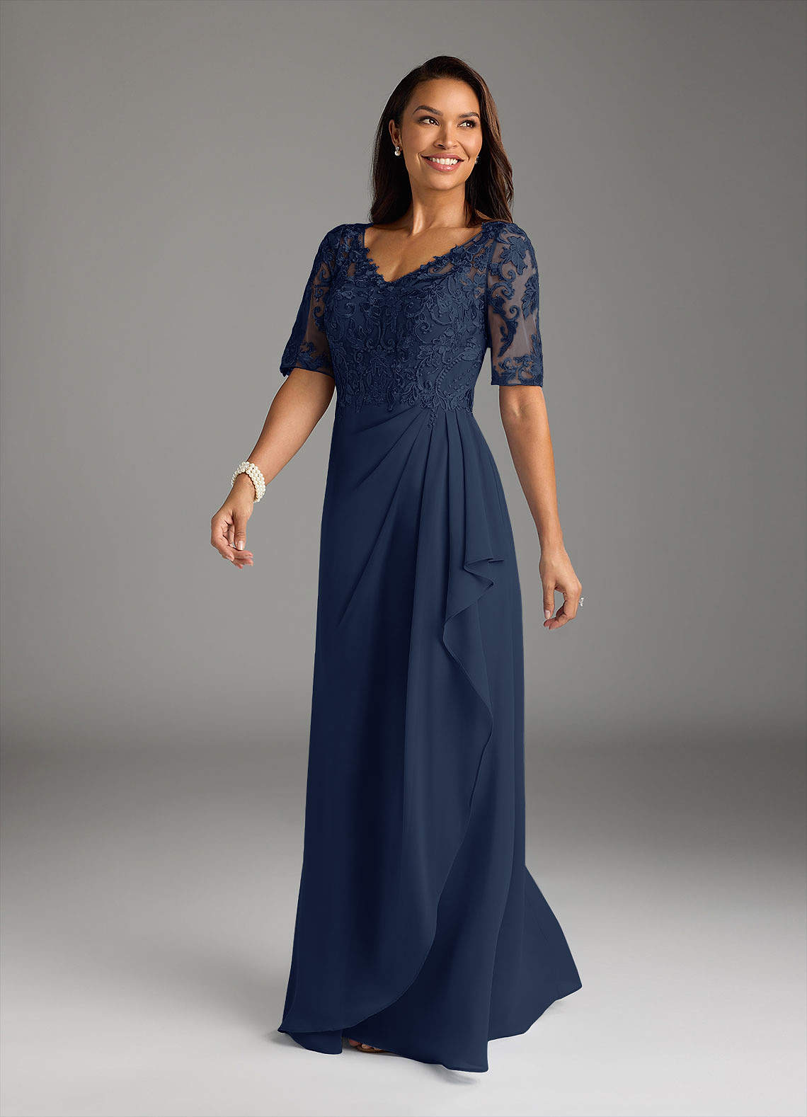 Dark Navy A-Line V-Neck Lace Chiffon Dress