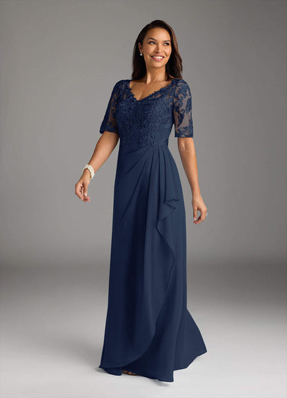 Dark Navy A-Line V-Neck Lace Chiffon Dress