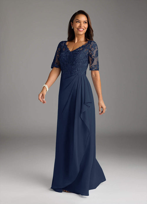 Dark Navy A-Line V-Neck Lace Chiffon Dress