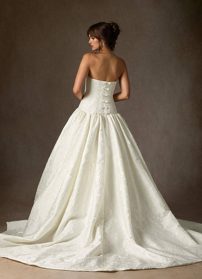 Antique White Ball-Gown Strapless Floral Jacquard Dress