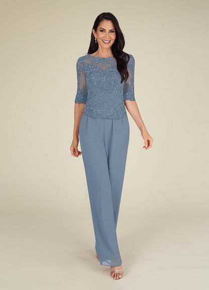 Dusty Blue Jumpsuit/Pantsuit Sequins Chiffon Dress