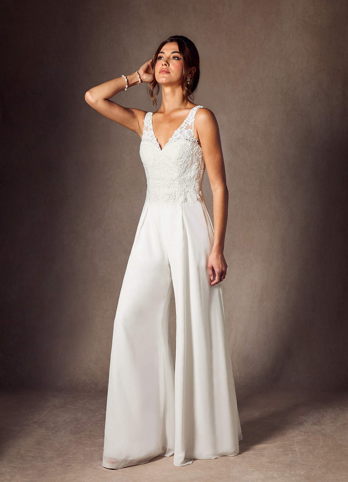 Diamond White Pant Styles V-Neck Lace Chiffon Dress