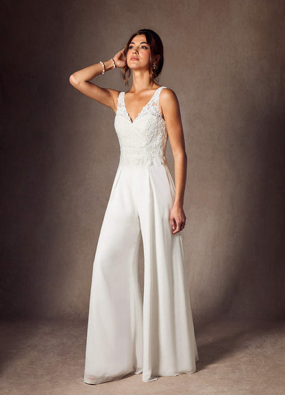 Diamond White Pant Styles V-Neck Lace Chiffon Dress