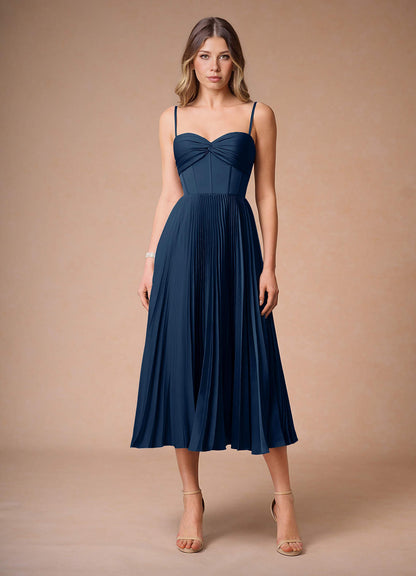 L¨¦na Navy Pleated Midi Dress