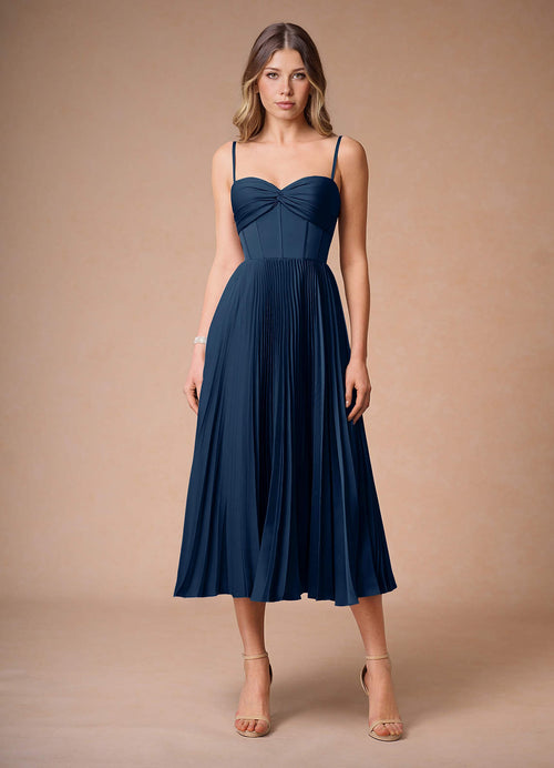 L¨¦na Navy Pleated Midi Dress