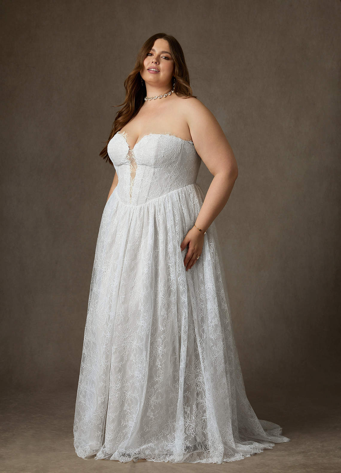 Diamond White A-Line Strapless Lace Dress