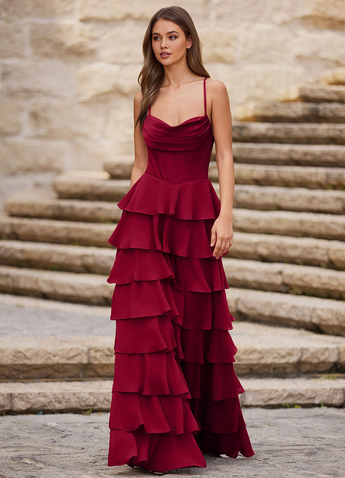 Rhythm Dark Red Ruffled A-Line Prom Dress  Dress