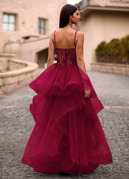 Dreama Burgundy Lace Corset Ruffle Prom Dress  Dress
