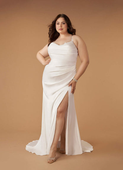 Diamond White Mermaid V-Neck Stretch Satin Dress
