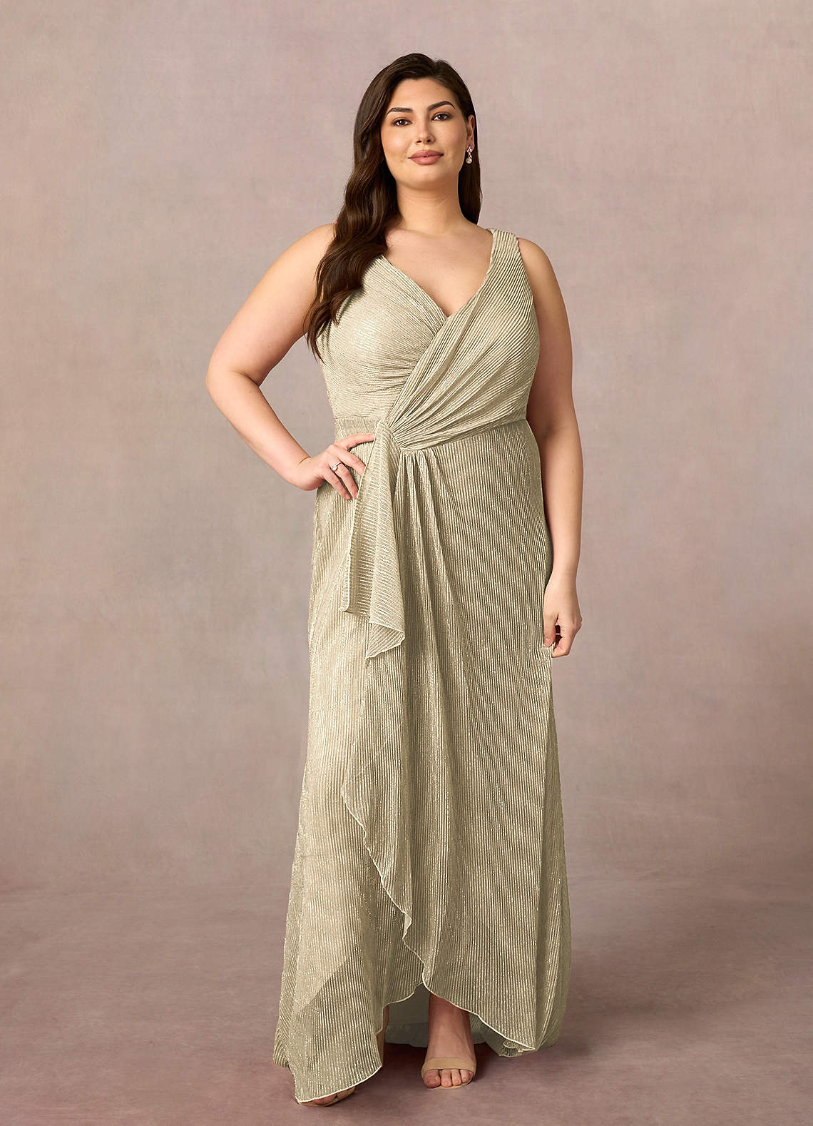Champagne Gold A-Line Ruched Metallic Mesh Dress