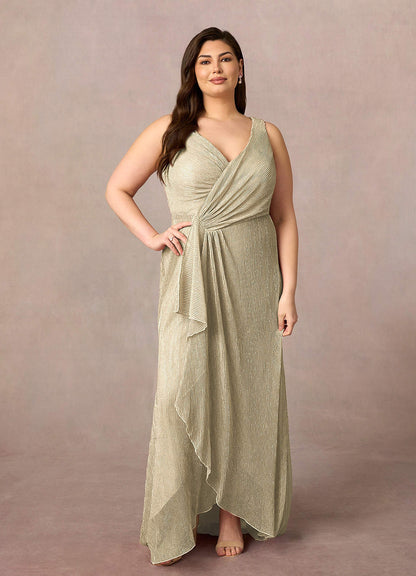 Champagne Gold A-Line Ruched Metallic Mesh Dress
