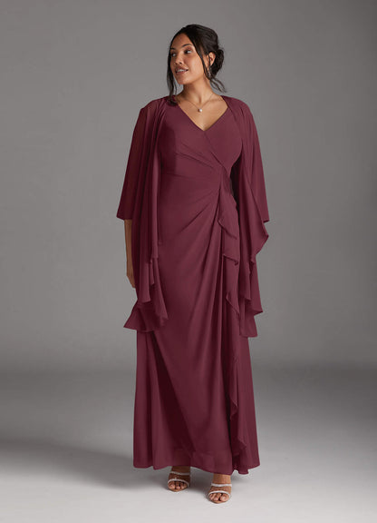 Cabernet A-Line V-Neck Pleated Chiffon Dress