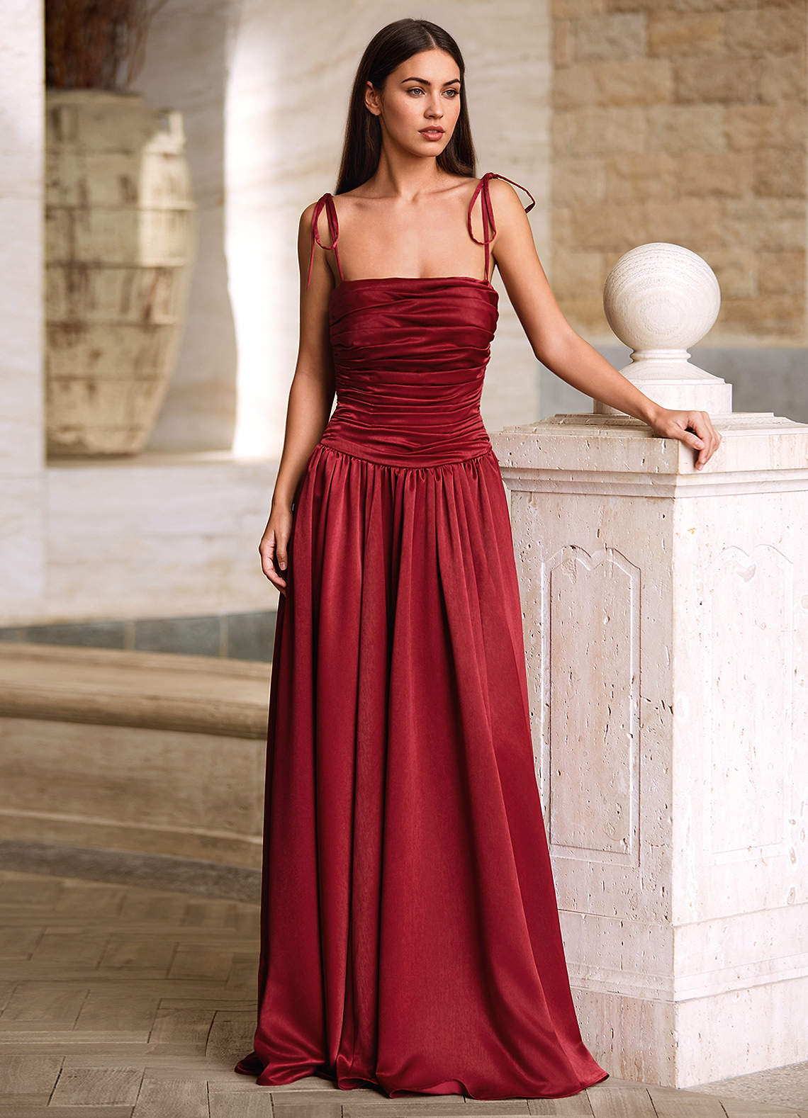 Luxa Burgundy Square Neckline Pleated Prom Dress
