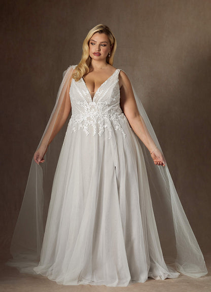 Diamond White A-Line V-Neck Sequins Tulle Dress