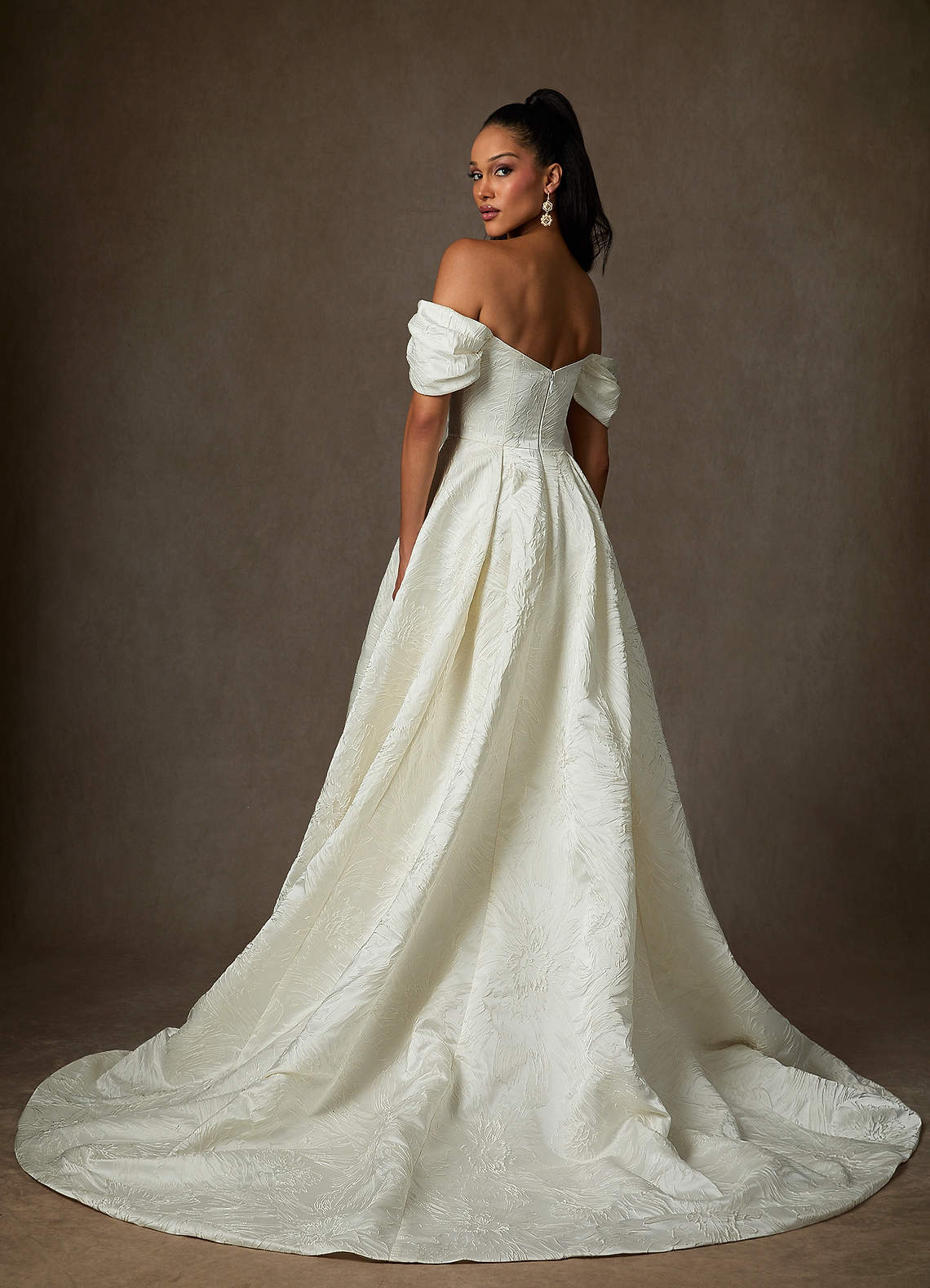 Antique White Ball-Gown Floral Jacquard Dress