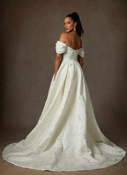Antique White Ball-Gown Floral Jacquard Dress