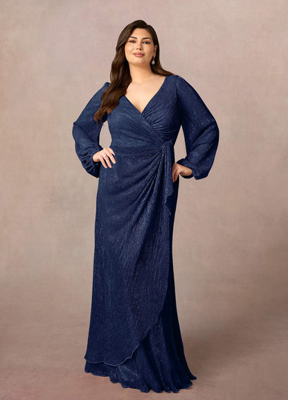 Dark Navy A-Line Ruched Metallic Mesh Dress