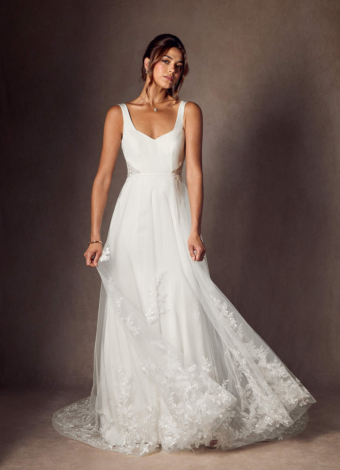 Diamond White A-Line Sequins Crepe Back Satin Dress
