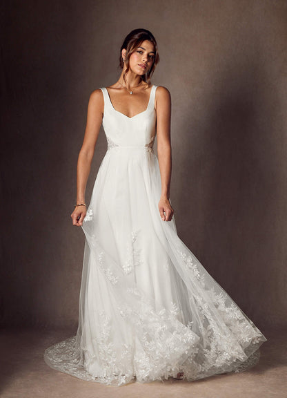 Diamond White A-Line Sequins Crepe Back Satin Dress