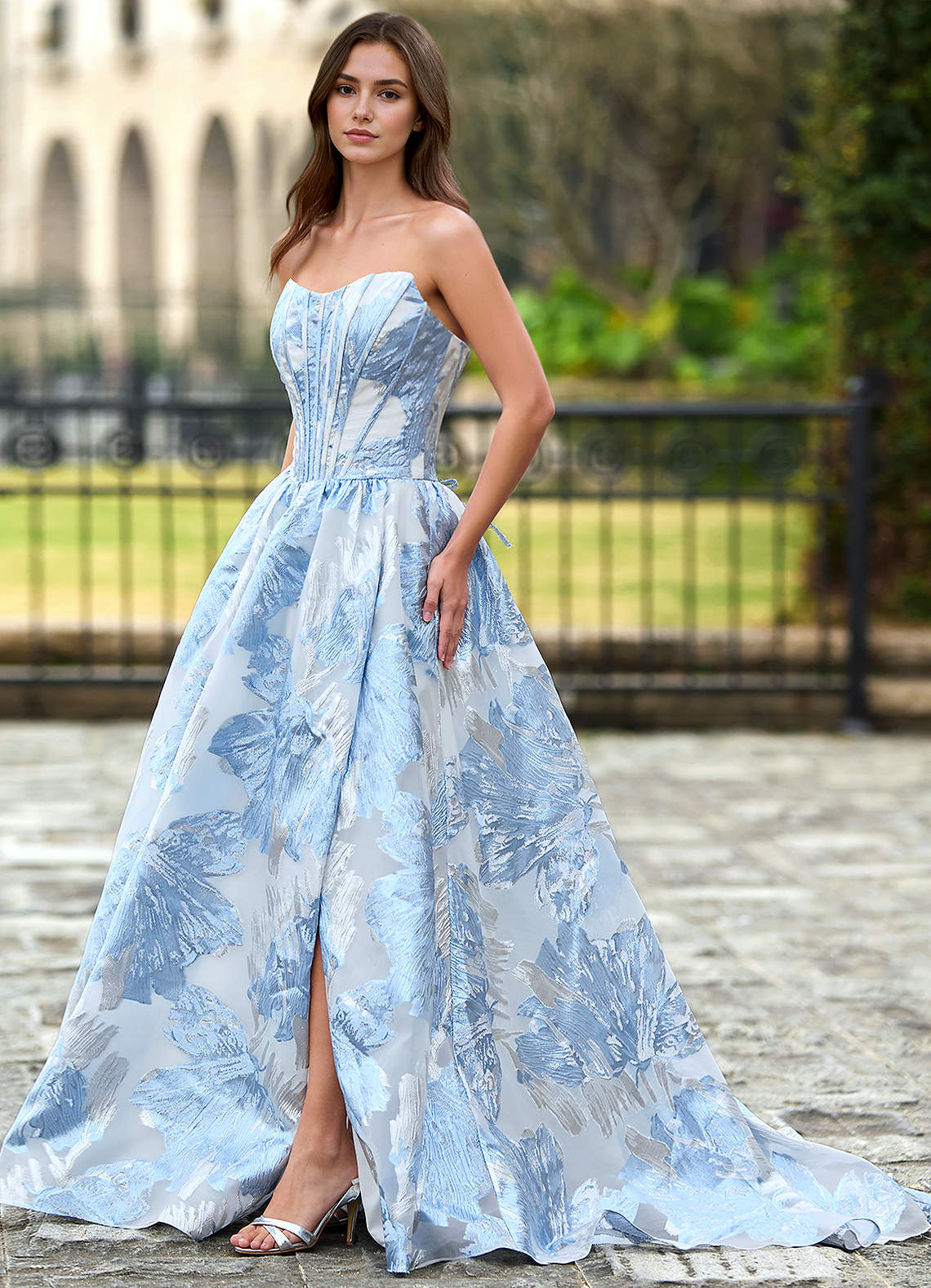 Thalia Sky Blue Enchanted Garden Lace-Up A-Line Prom Dress
