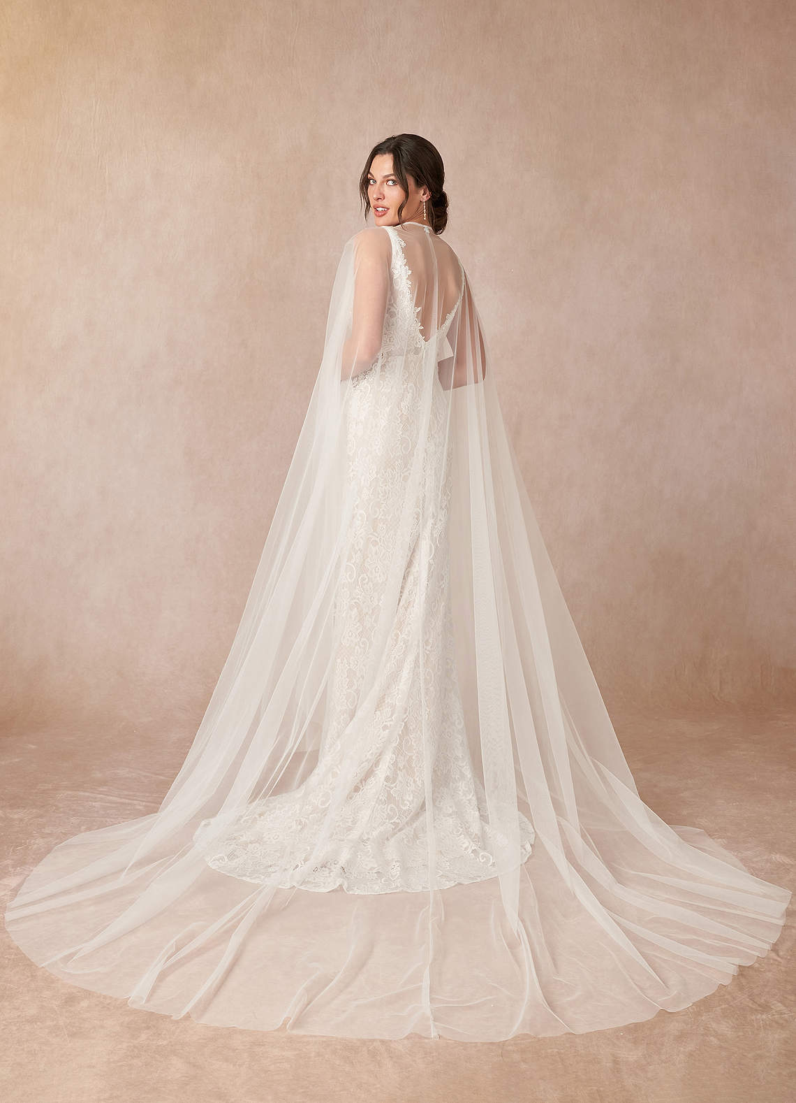 Diamond White Champagne Mermaid V-Neck Lace Tulle Dress