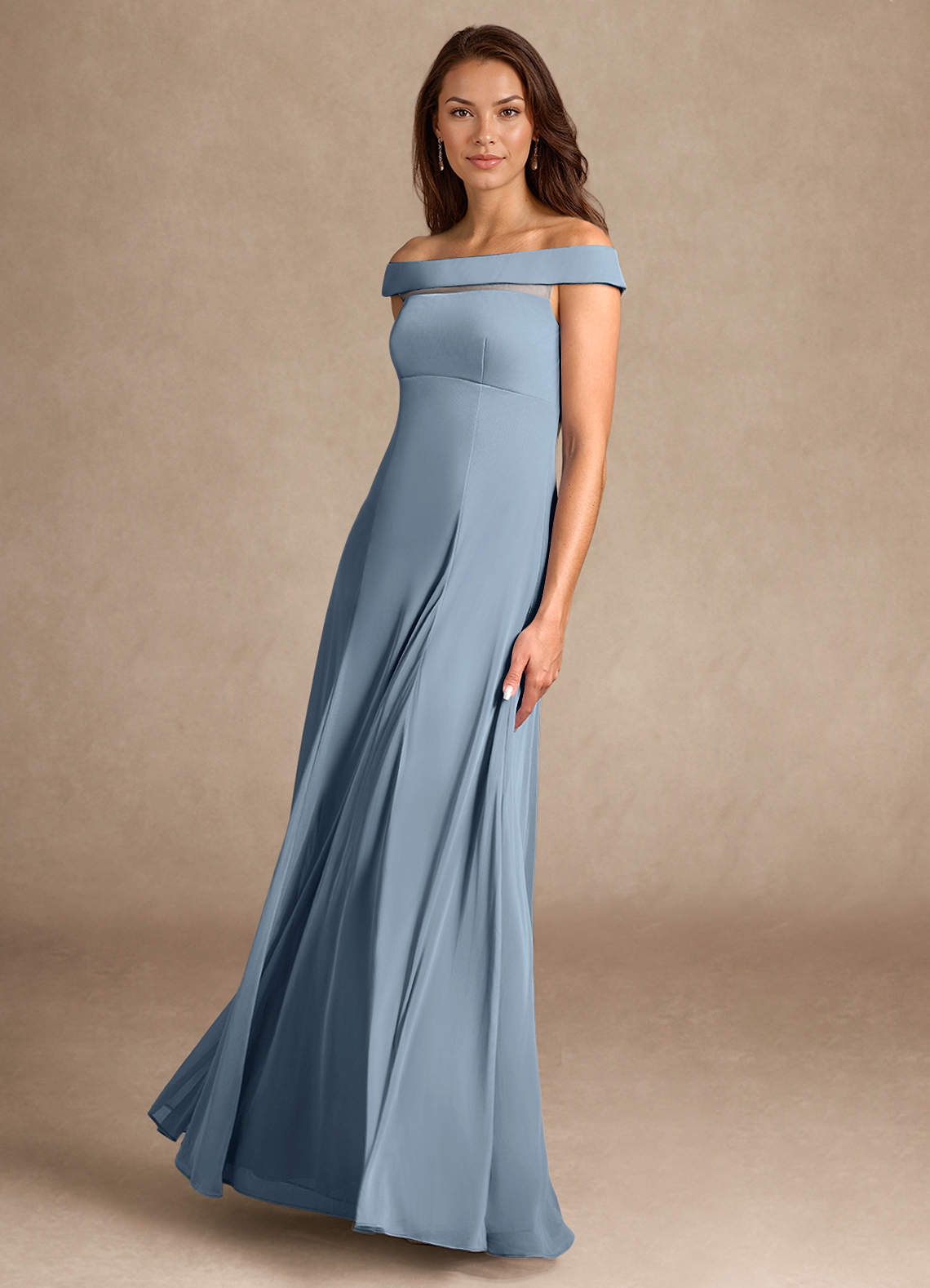 Dusty Blue A-Line Off the Shoulder Mesh Dress