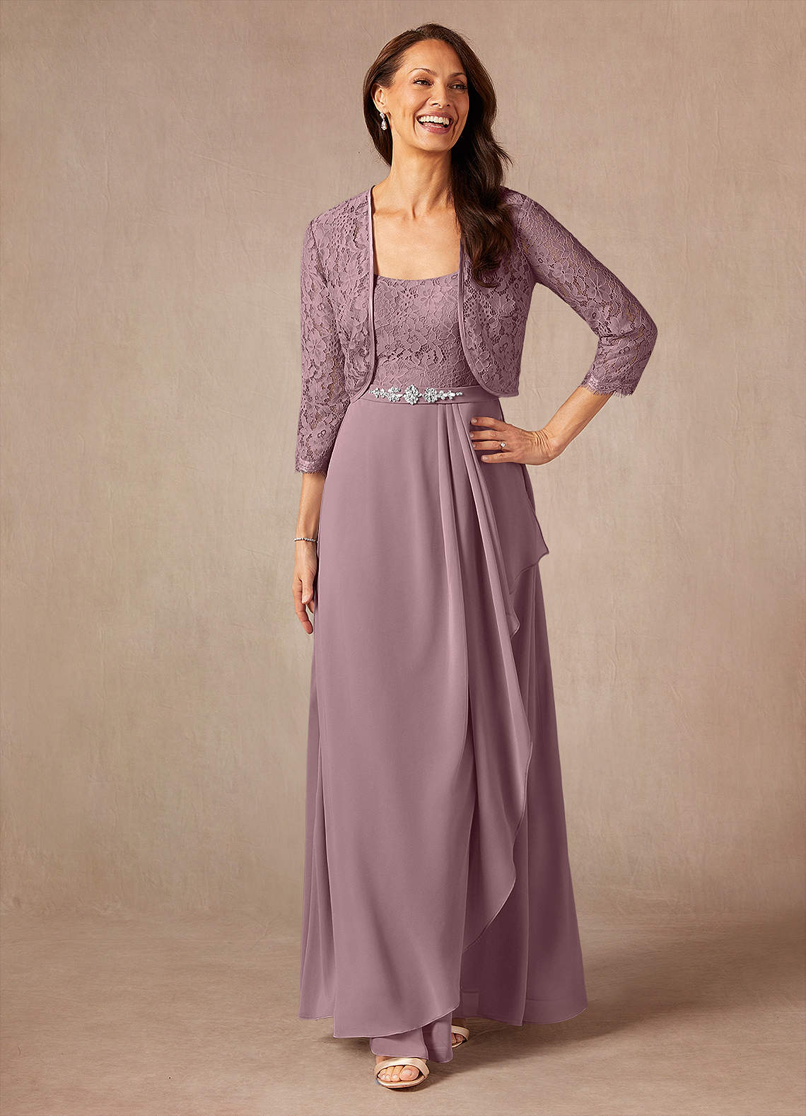 Dusty Rose A-Line Square Neckline Lace Chiffon Dress