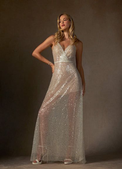 Diamond White Champagne A-Line V-Neck Sequins Sequins Dress