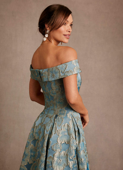 Lake Blue Jacquard A-Line Off the Shoulder Floral Jacquard Dress