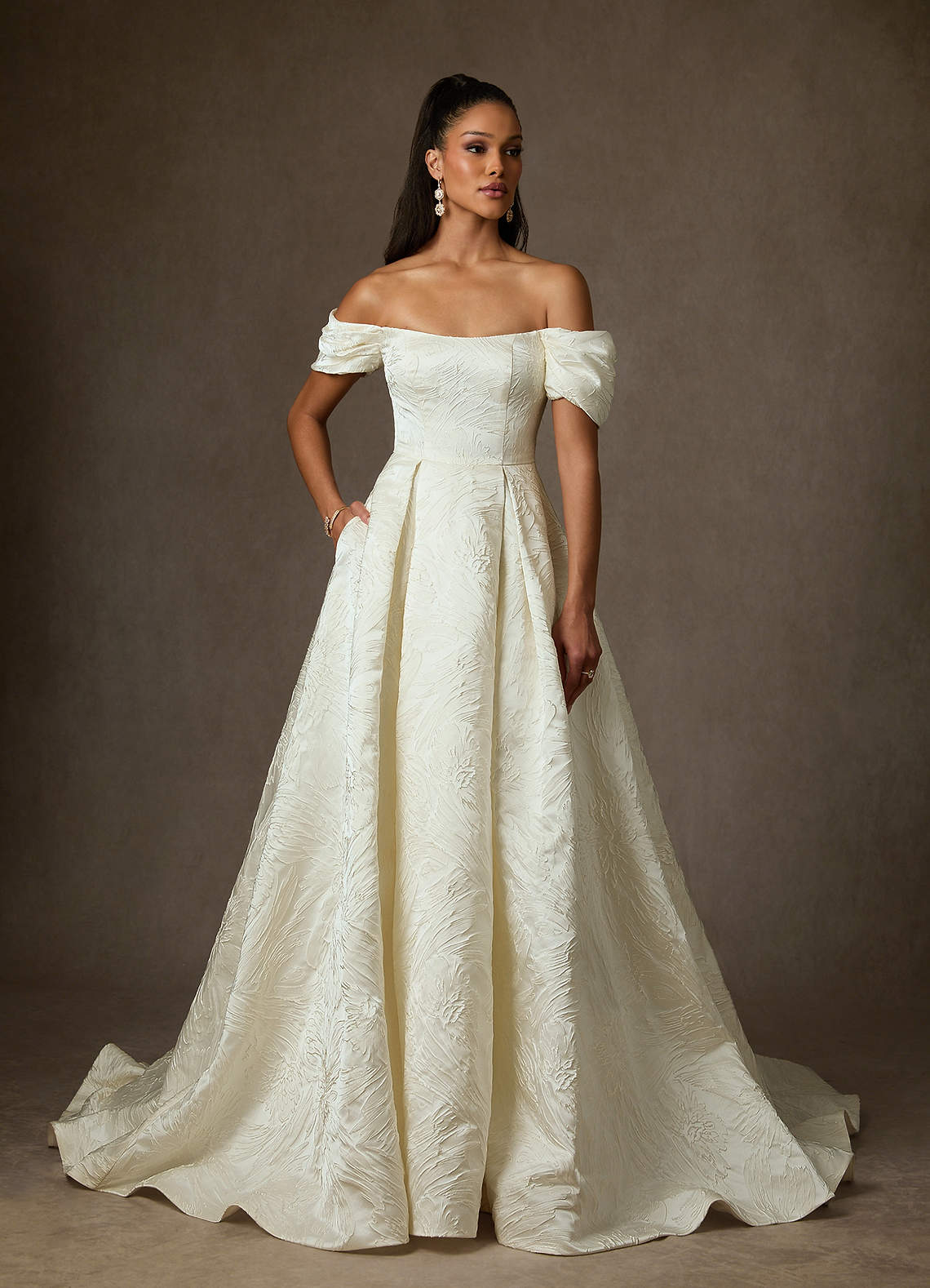 Antique White Ball-Gown Floral Jacquard Dress