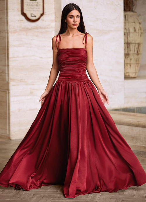 Luxa Burgundy Square Neckline Pleated Prom Dress
