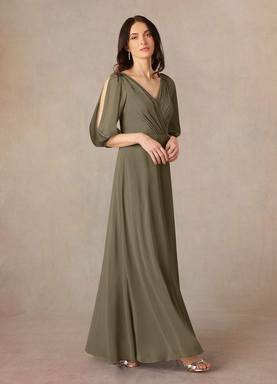 Willow Green A-Line V-Neck Ruched Chiffon Dress