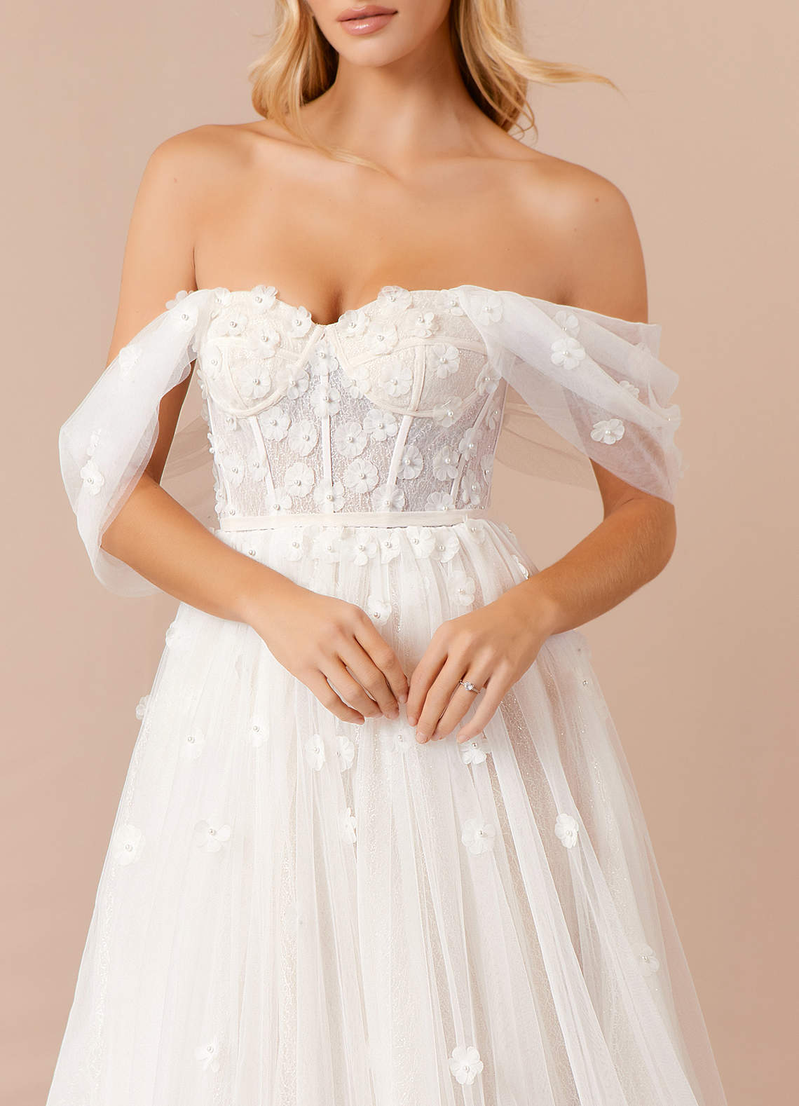 Diamond White Champagne A-Line Off the Shoulder Tulle Dress