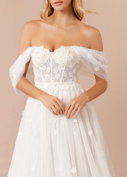 Diamond White Champagne A-Line Off the Shoulder Tulle Dress
