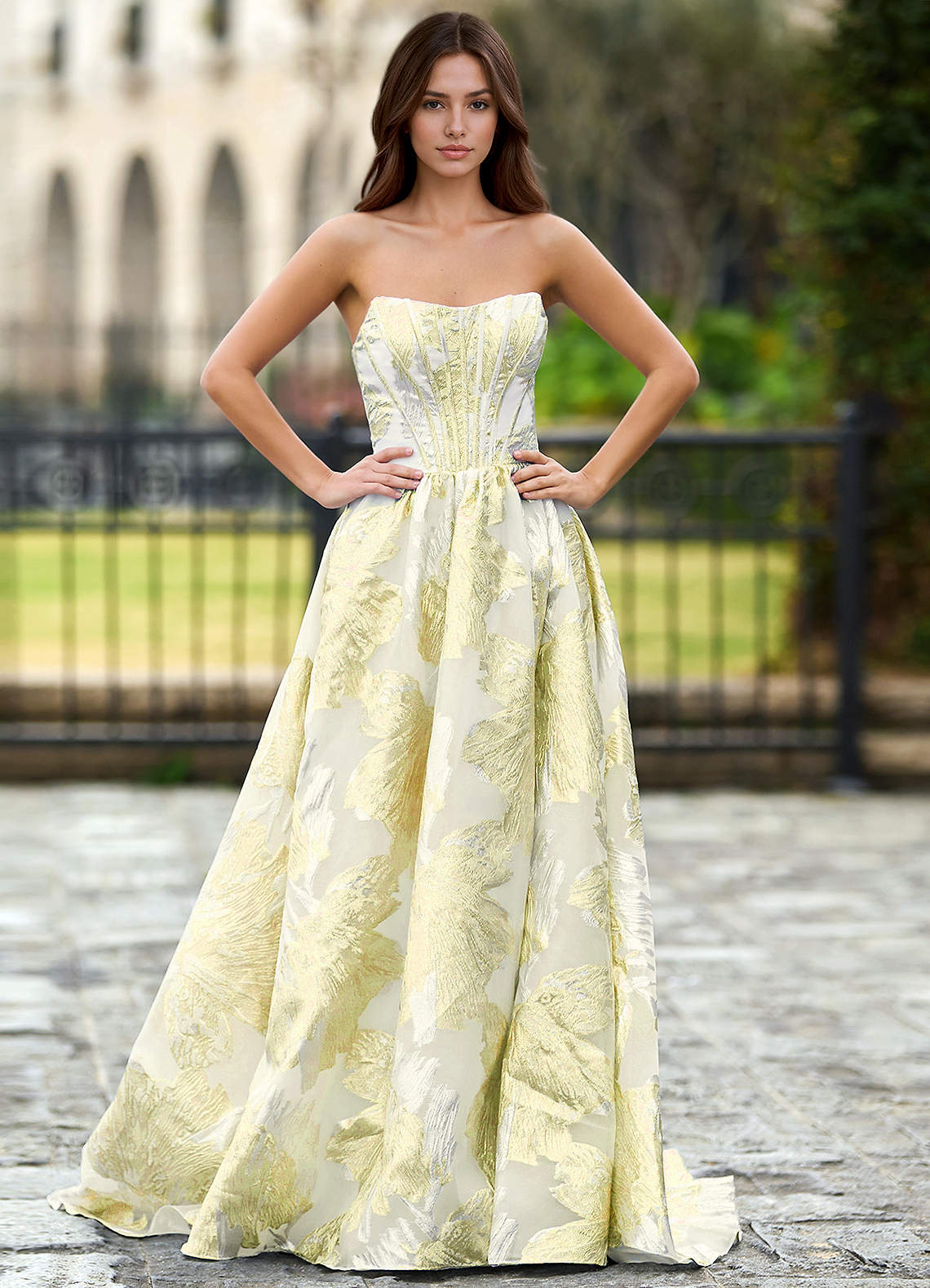 Thalia Champagne Enchanted Garden Lace-Up A-Line Prom Dress