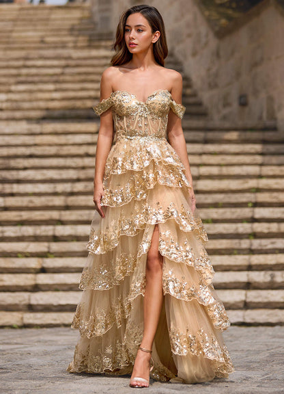 Glitz Champagne Ruffled A-Line Prom Dress  Dress