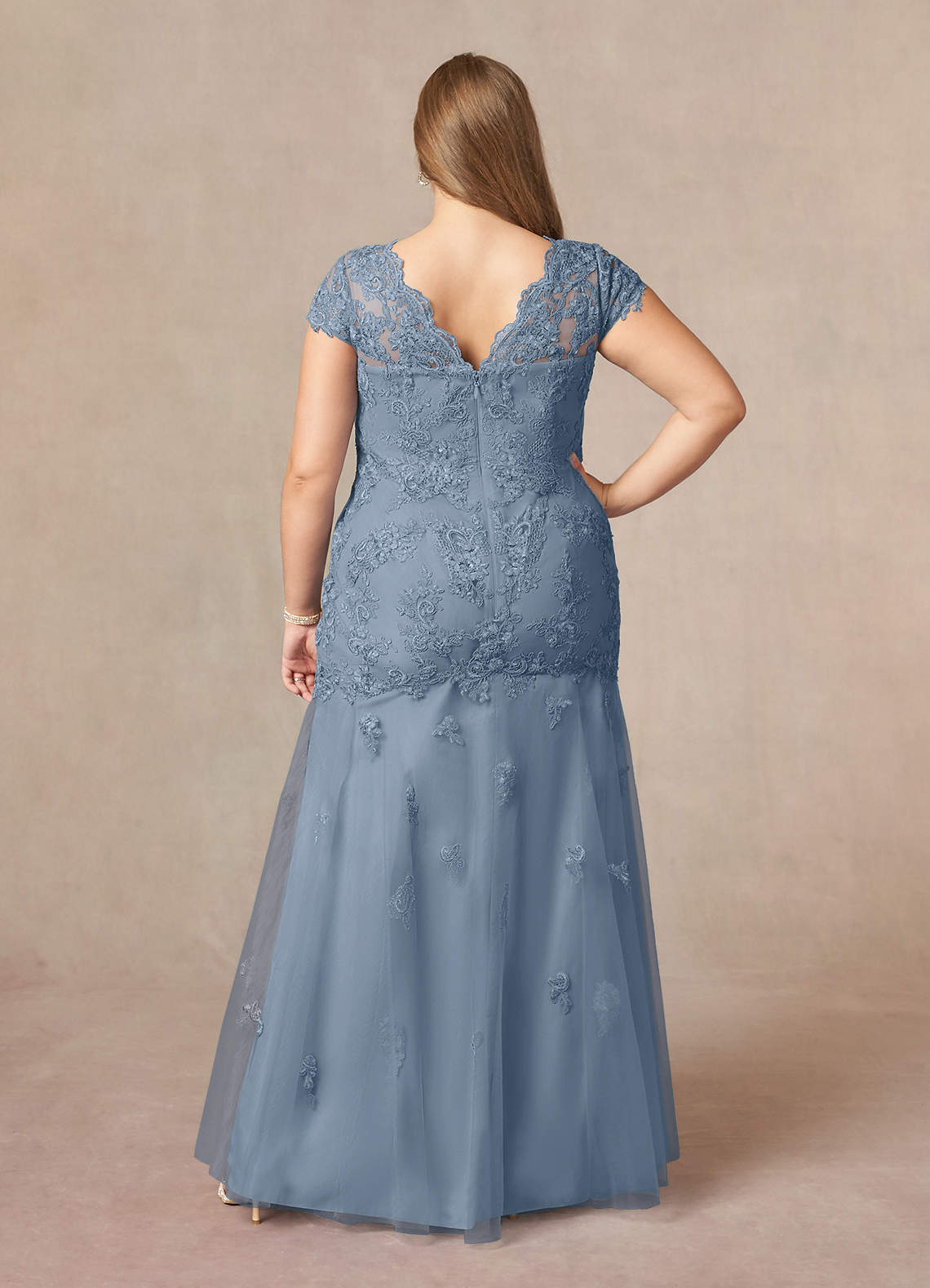 Dusty Blue Mermaid Queen Anne Sequins Lace Dress
