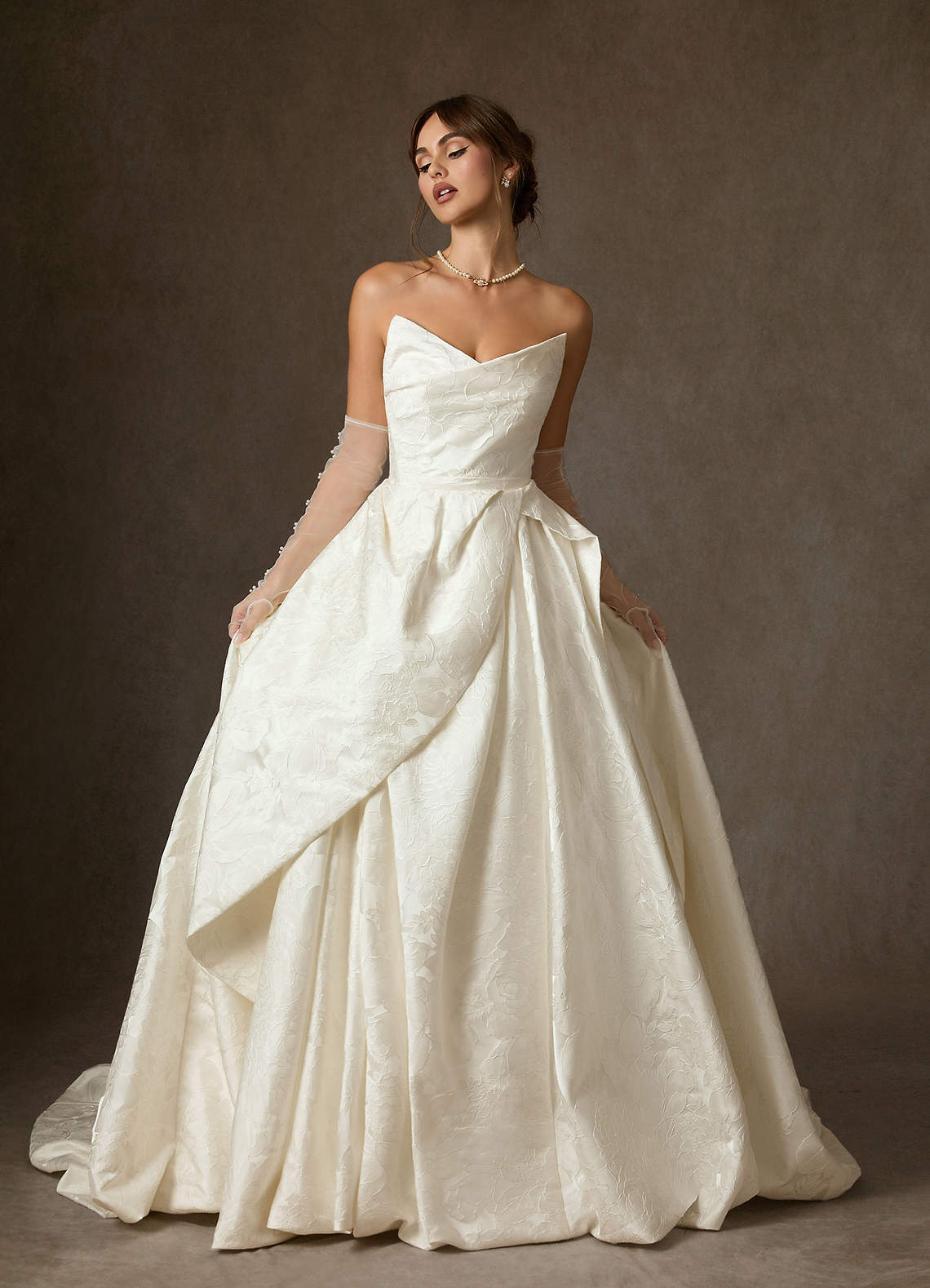 Antique White Ball-Gown Strapless Floral Jacquard Dress