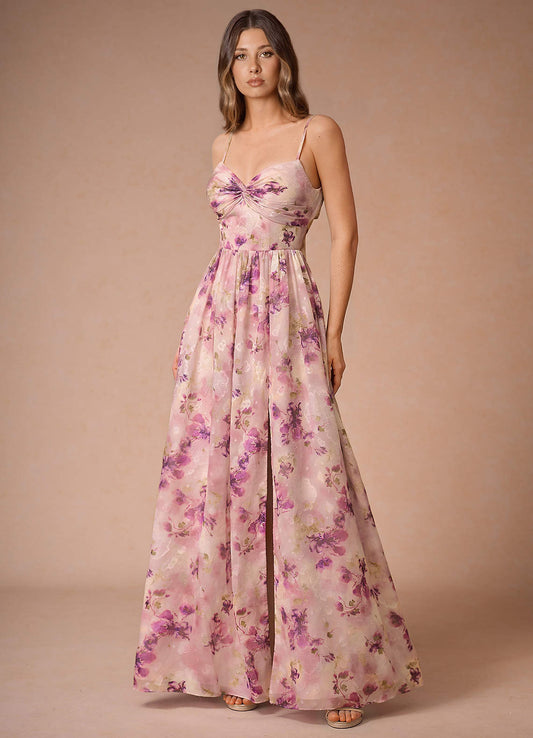 Lumi Mauve Floral A-Line V-Neck Pleated Chiffon Dress