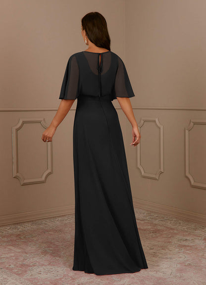 Black A-Line V-Neck Pleated Chiffon Dress
