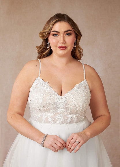 Diamond White A-Line V-Neck Sequins Tulle Dress